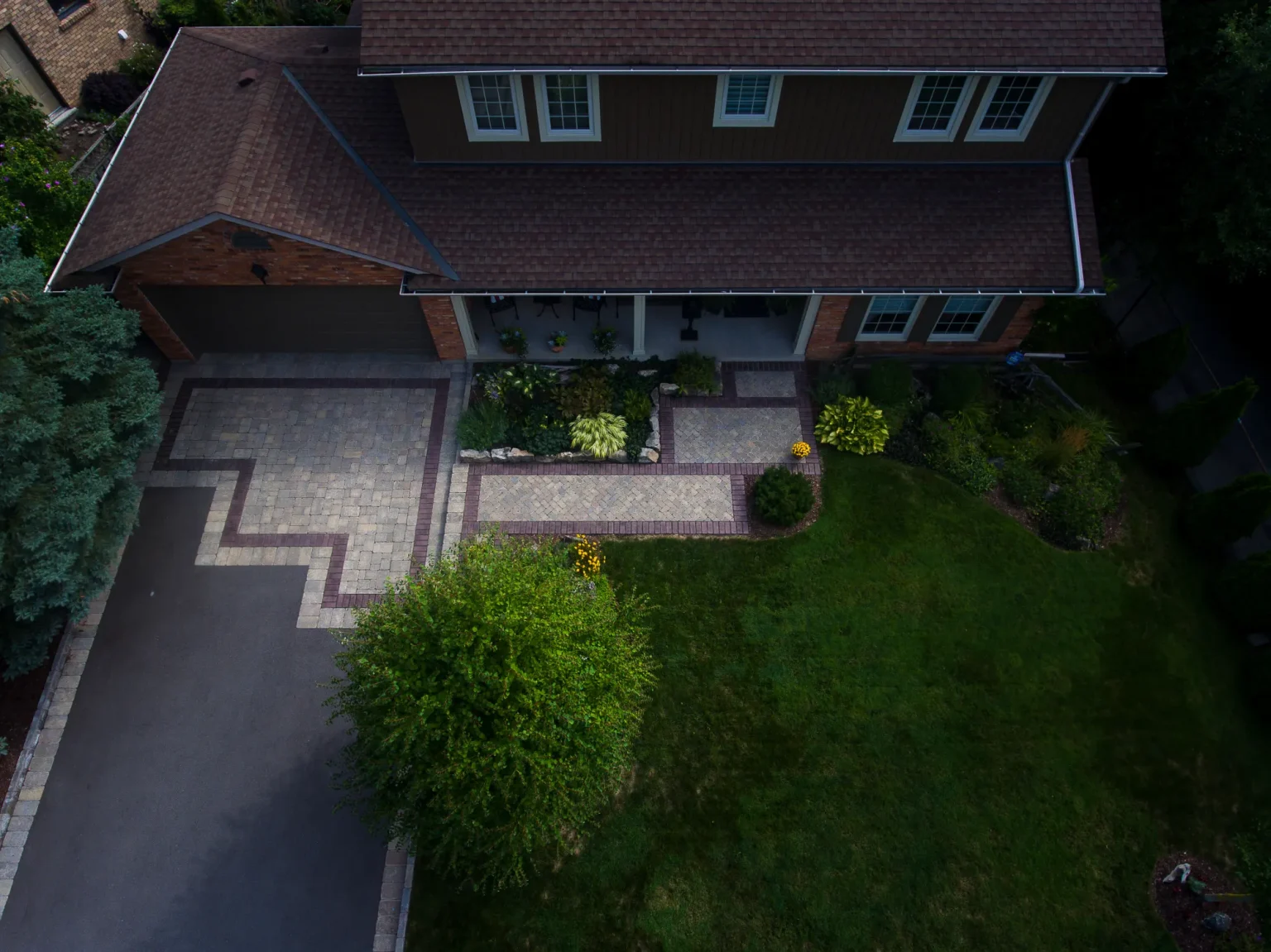 Oblique aerial overview of the completed front entrance and walkway in Ancaster.