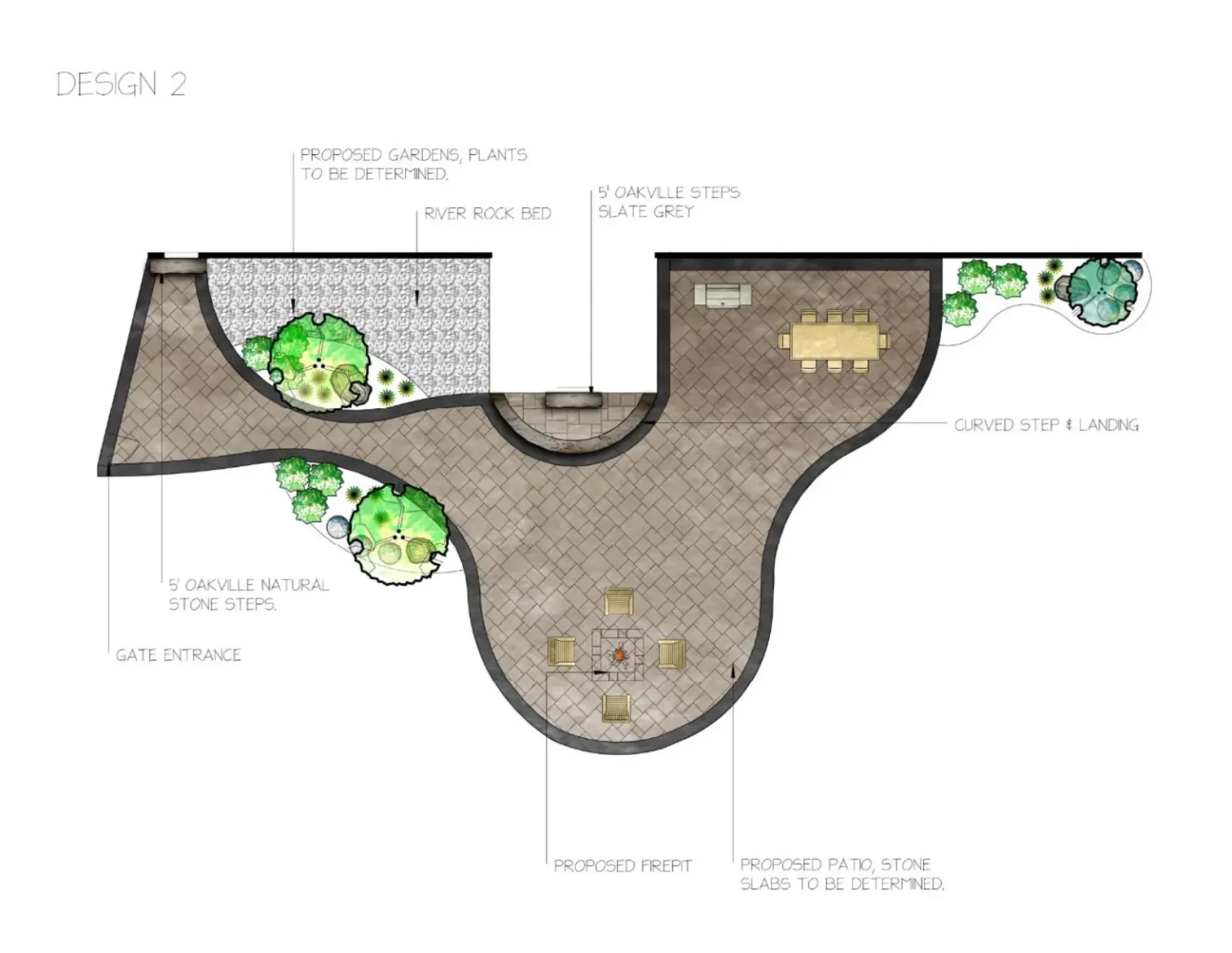 2D landscape plan for the Brantford hardscape backyard project.