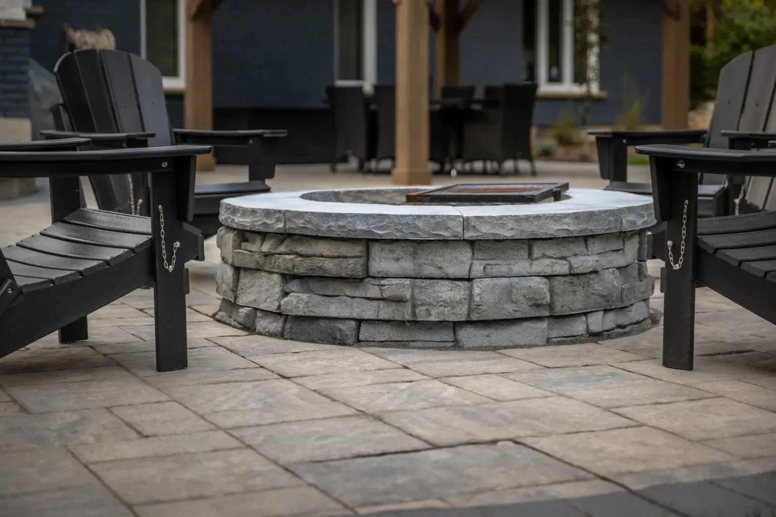 Close view of a circular stone fire pit on a Brantford interlock patio.