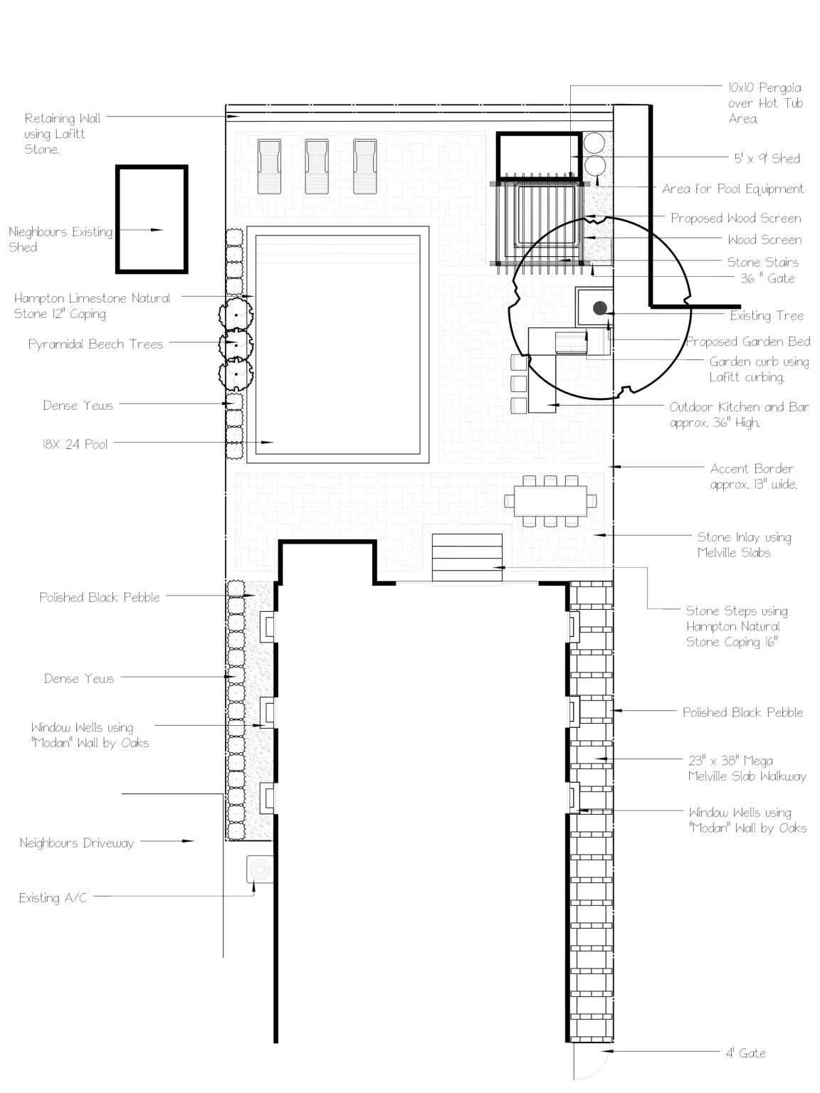Black-and-white landscape design plan for the rectangular pool, patio and outdoor-living layout in Dundas.