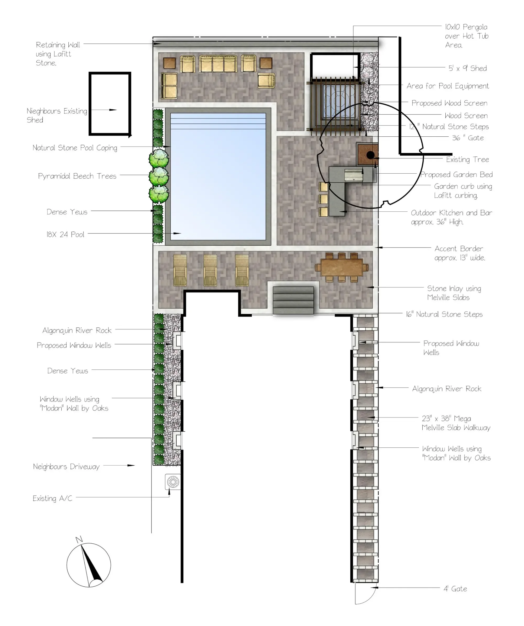 Colour landscape design plan showing the pool, patio, planting and outdoor-living layout in Dundas.