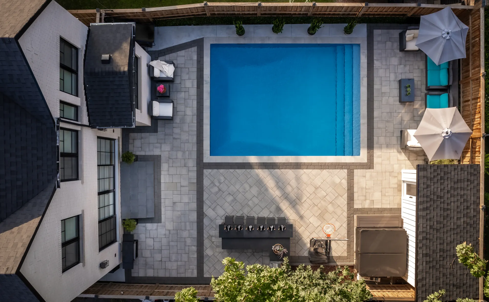 Aerial view of a completed Dundas pool and patio landscape