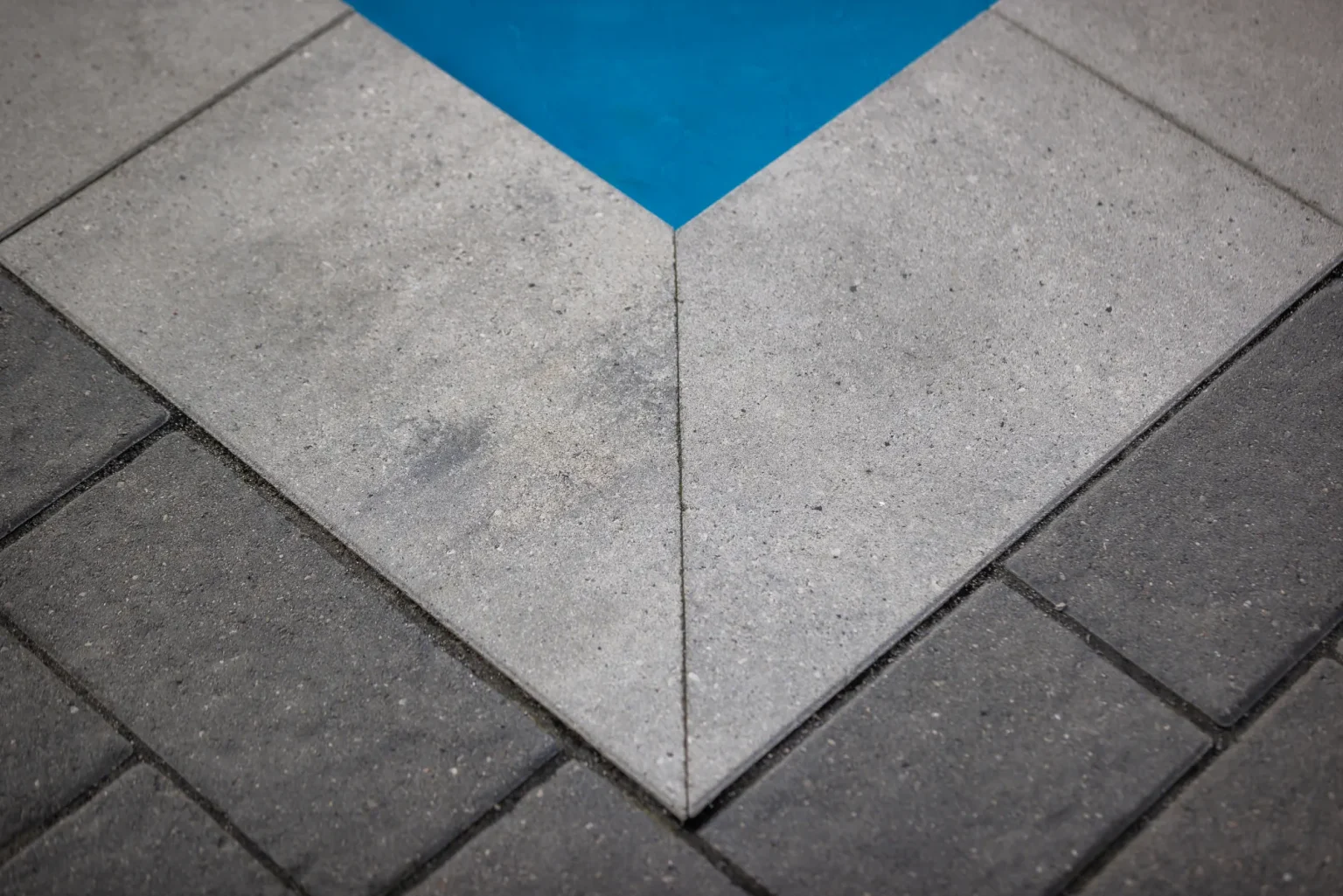 Close geometric detail where pool coping and contrasting pavers meet in Dundas.