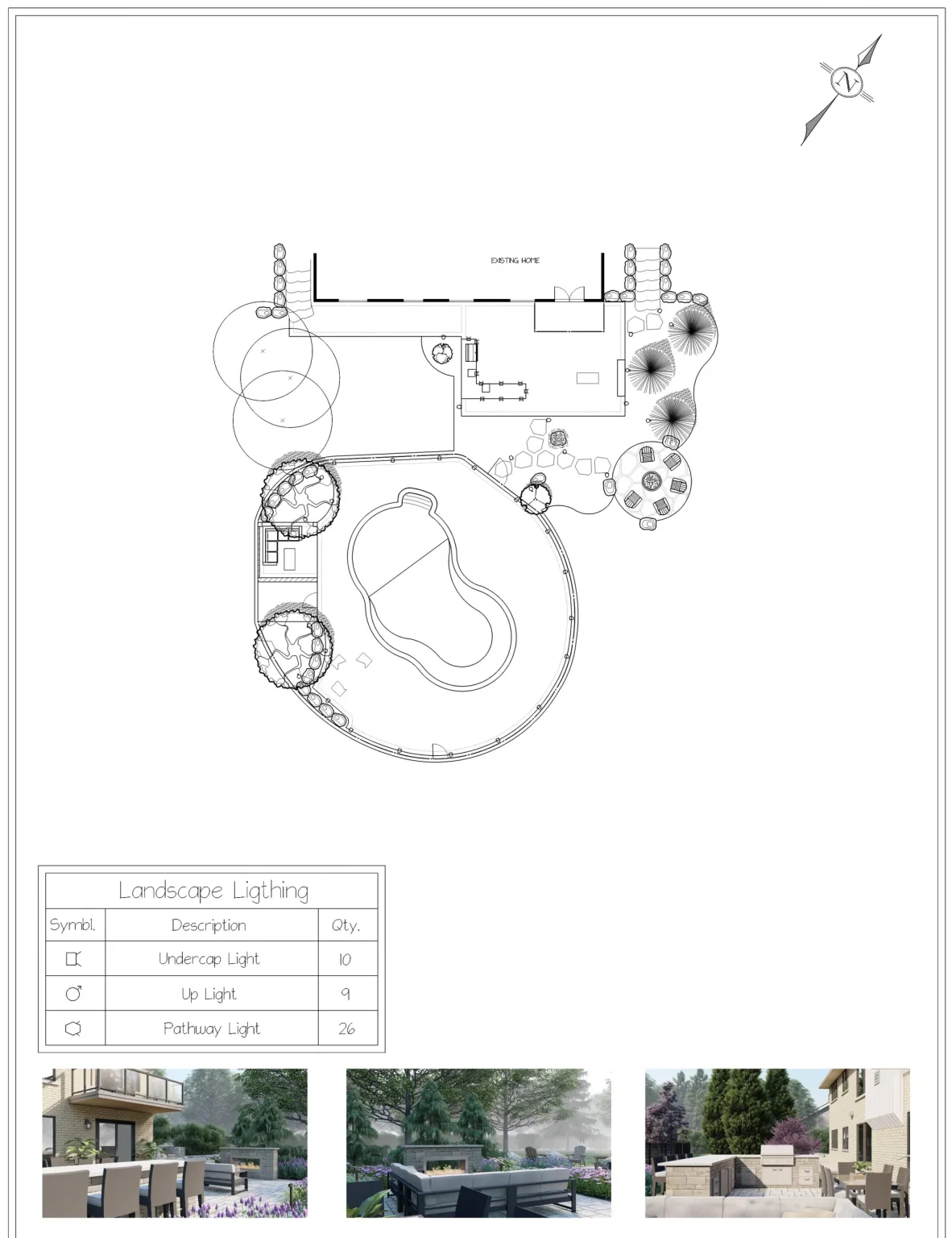 Masterplan lighting sheet with backyard lighting layout and reference images in Dundas.