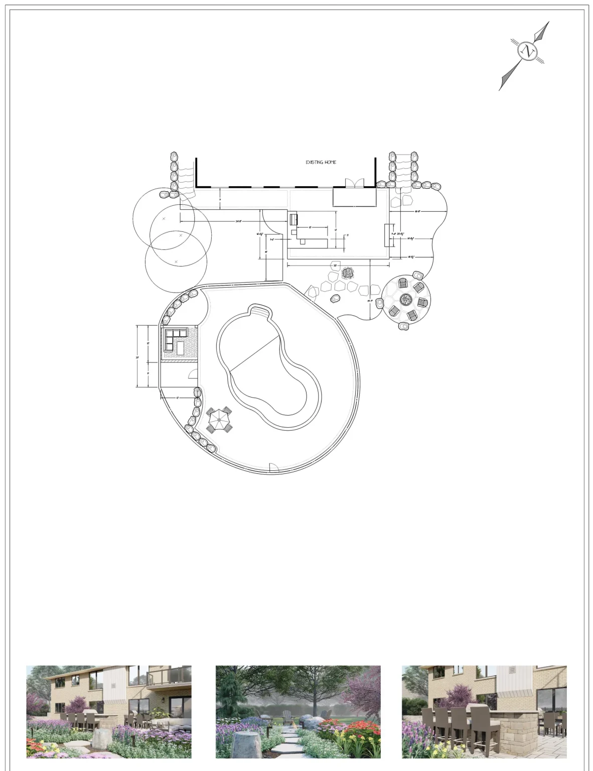 Masterplan sheet with the backyard layout and supporting project imagery in Dundas.