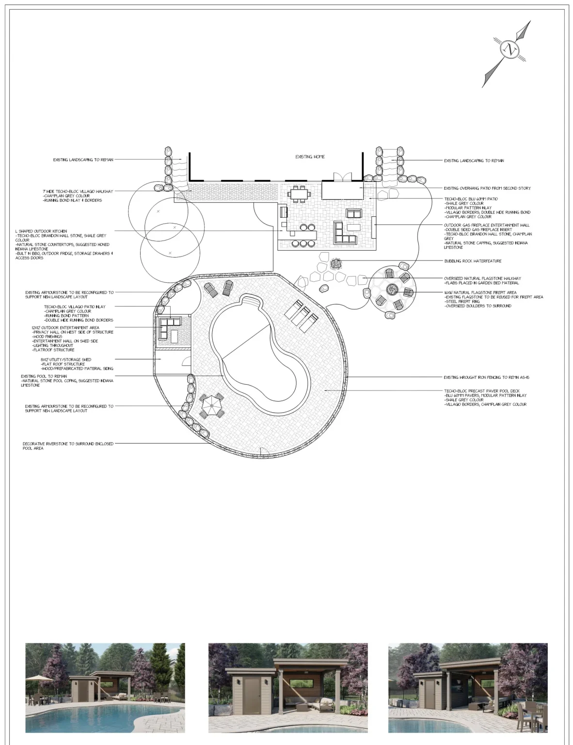 Masterplan sheet showing design notes and reference images for the backyard in Dundas.
