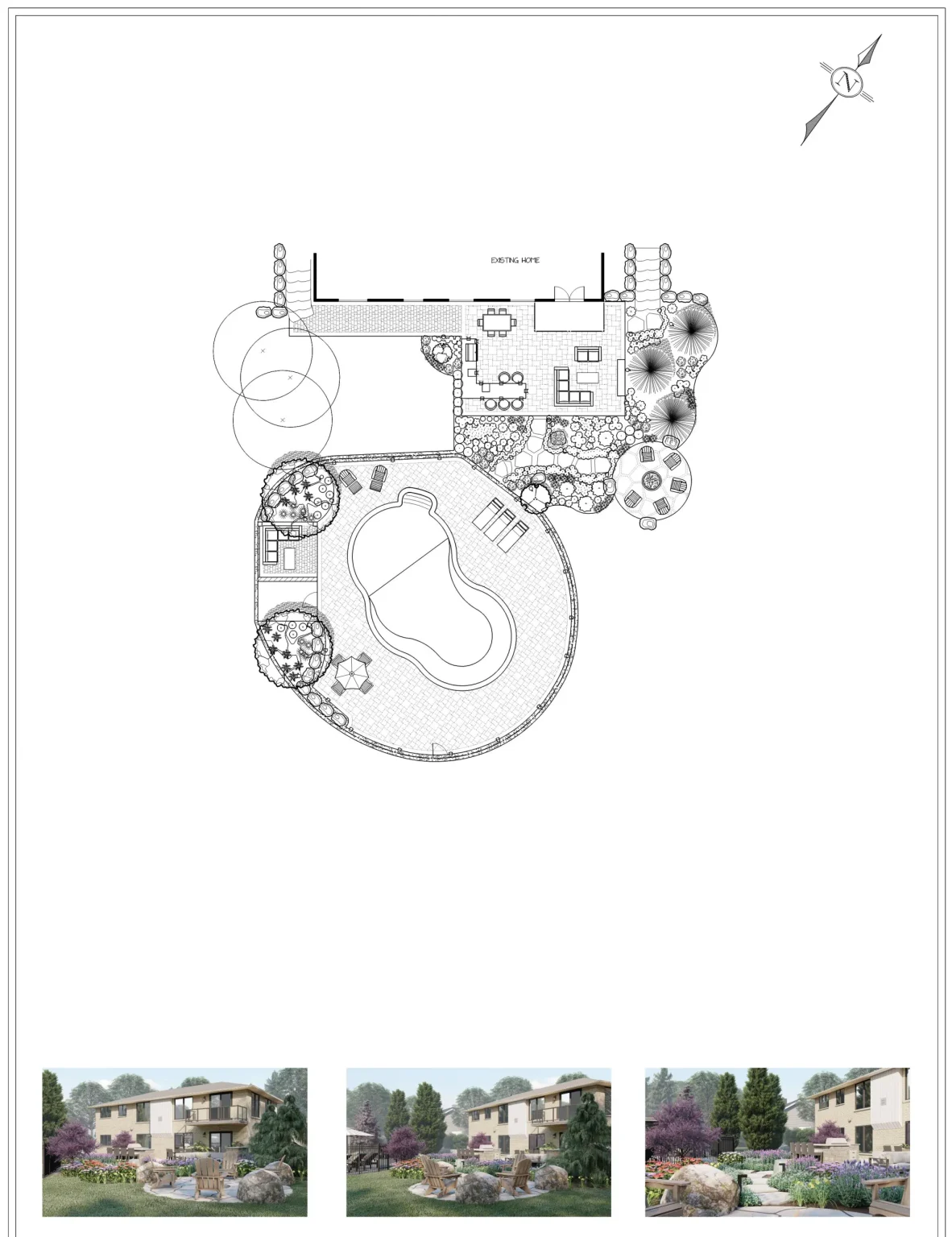 Masterplan sheet showing the overall backyard layout with reference images in Dundas.