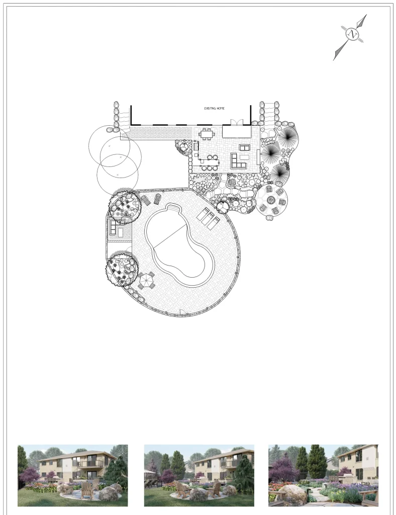 Masterplan sheet showing the overall backyard layout with reference images in Dundas.