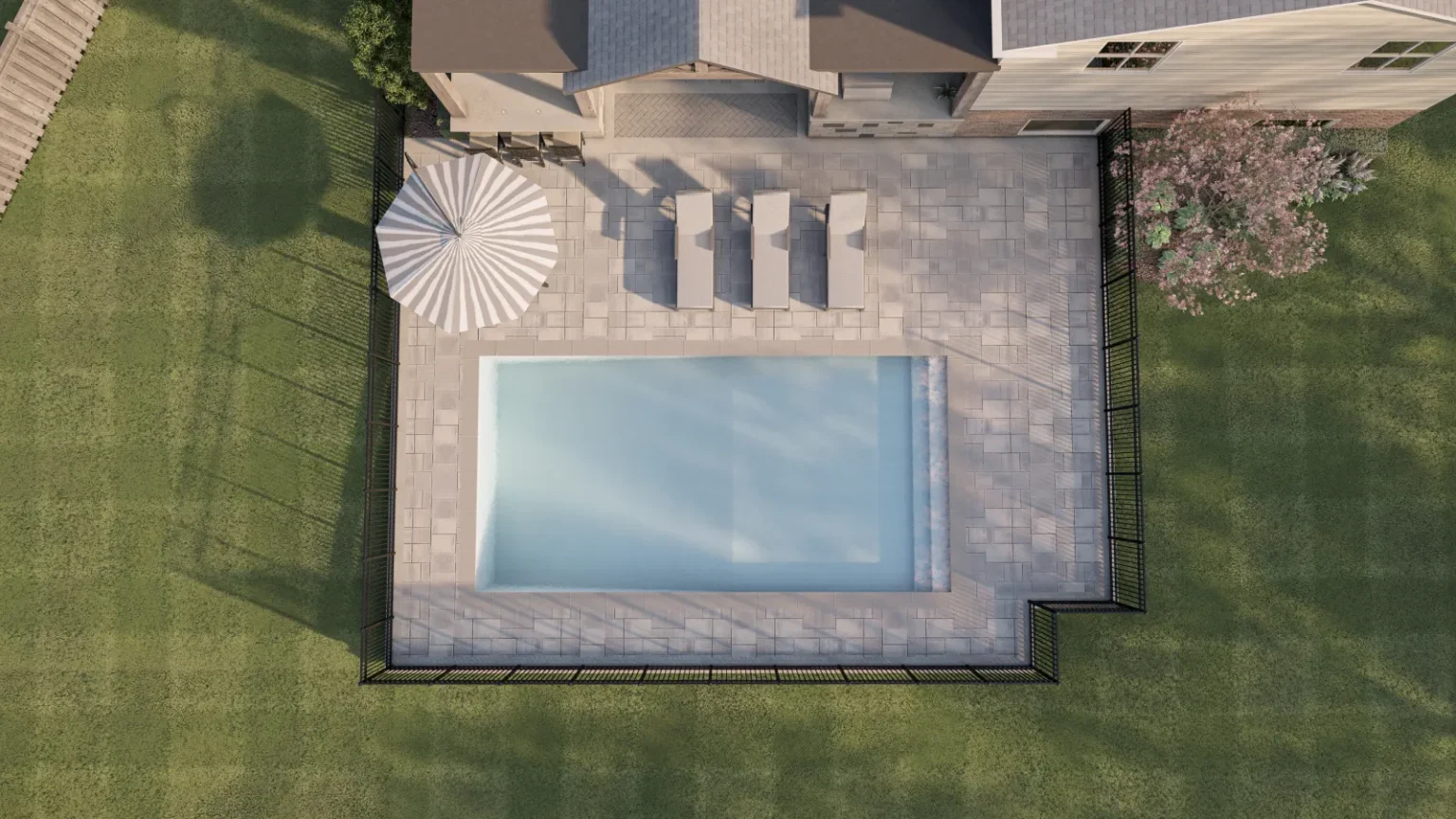 Top-down design rendering of the proposed Dundas pool, patio and covered living layout.