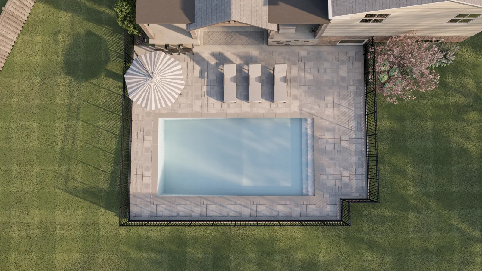 Top-down design rendering of the proposed Dundas pool, patio and covered living layout.