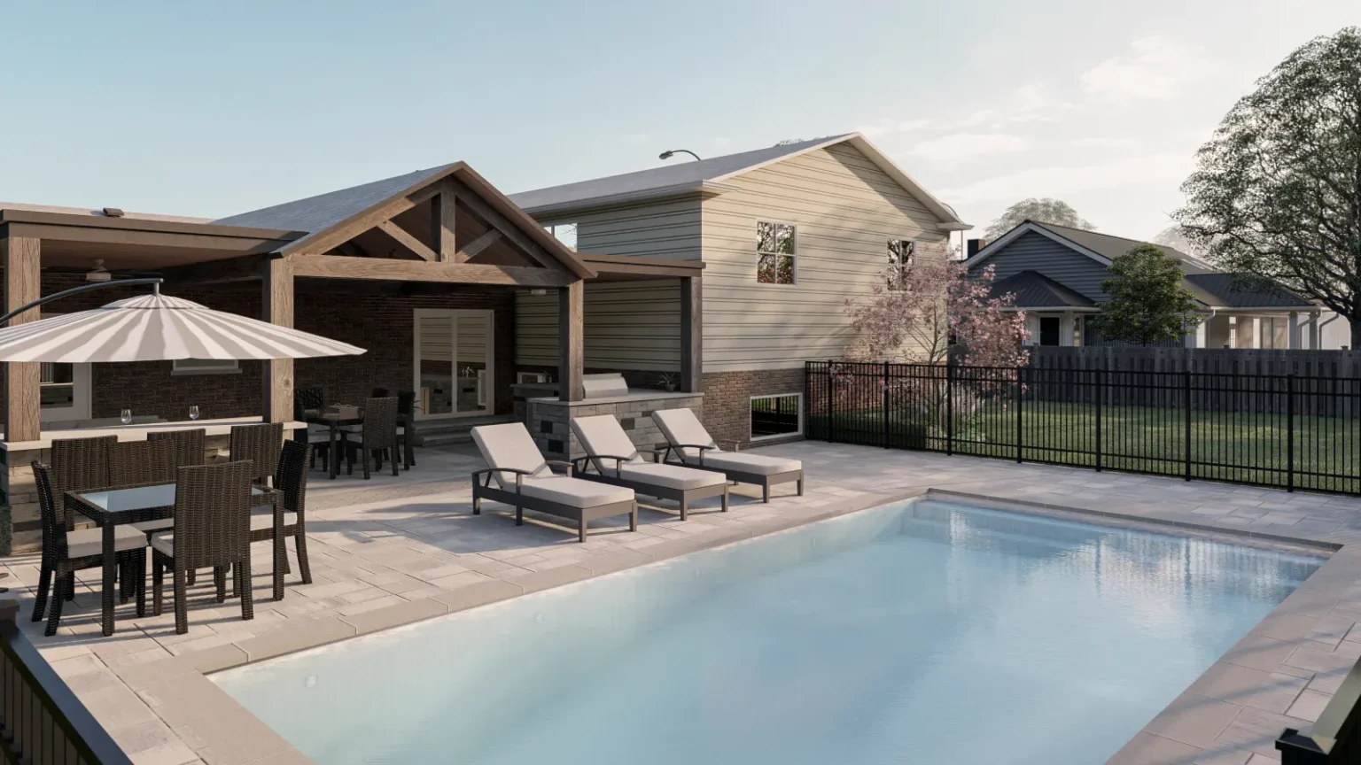 Daytime design rendering of the proposed pool and timber-framed house extension in Dundas.
