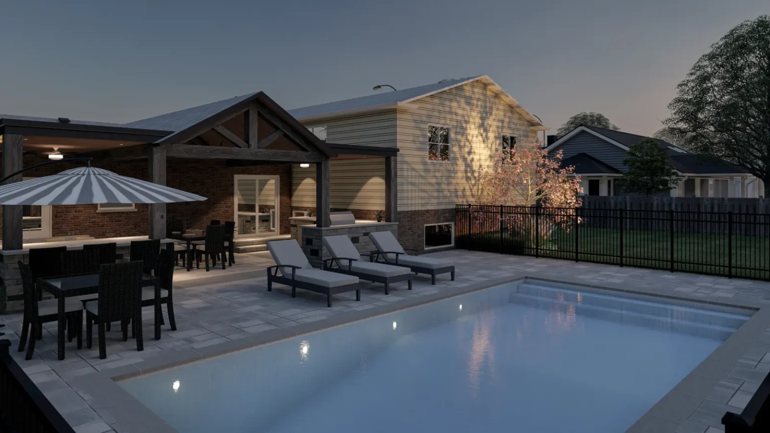 Evening design rendering of the proposed pool and timber-framed house extension in Dundas.
