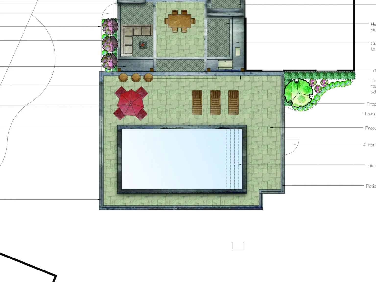 Colour landscape plan showing the proposed pool, patio and covered living layout for the Dundas Project.