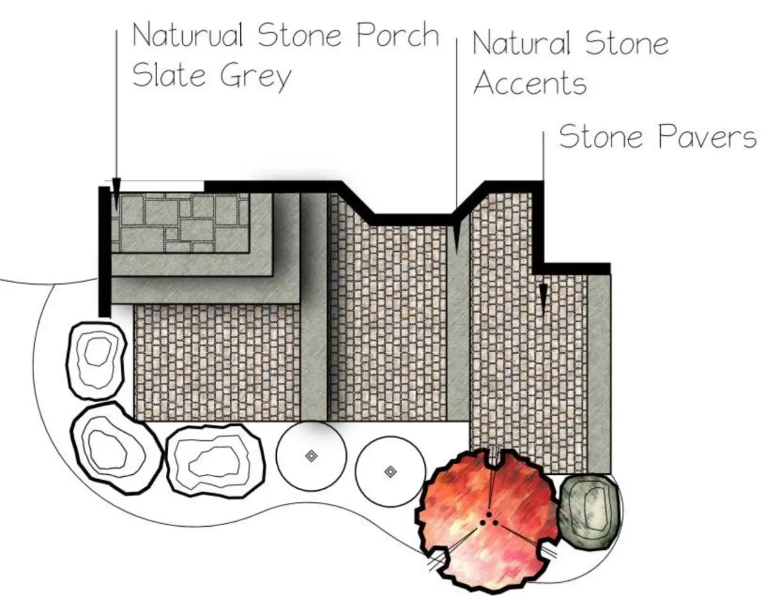 Landscape design plan for the front entrance showing natural stone porch, pavers and planting in Flamborough.