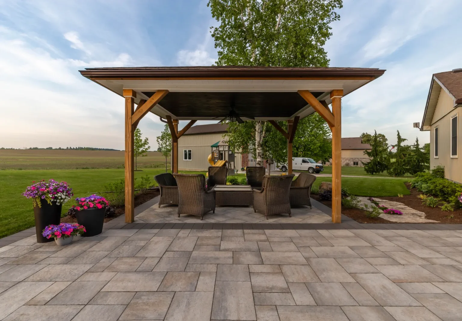 Straight-on pavilion view across the finished paver patio in Flamborough.