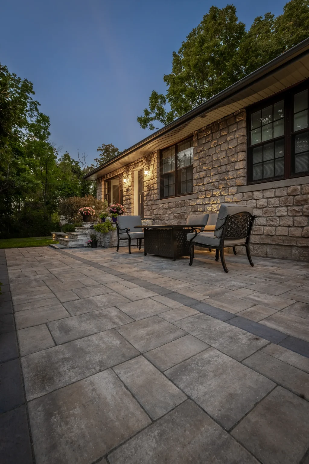 Portrait view of the front patio and paver detailing along the house in Hamilton.