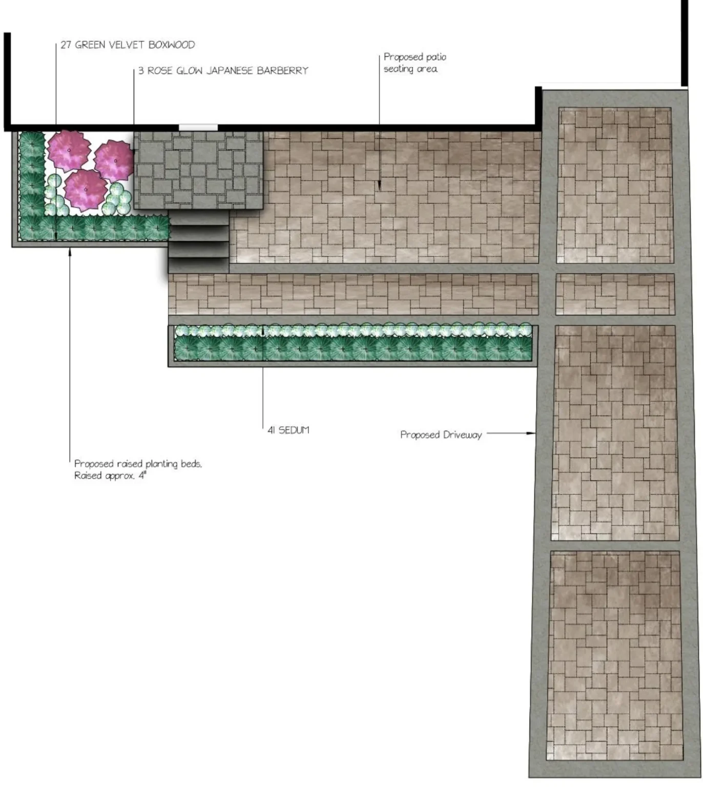 Landscape design plan for the front entry, patio and driveway layout in Hamilton.