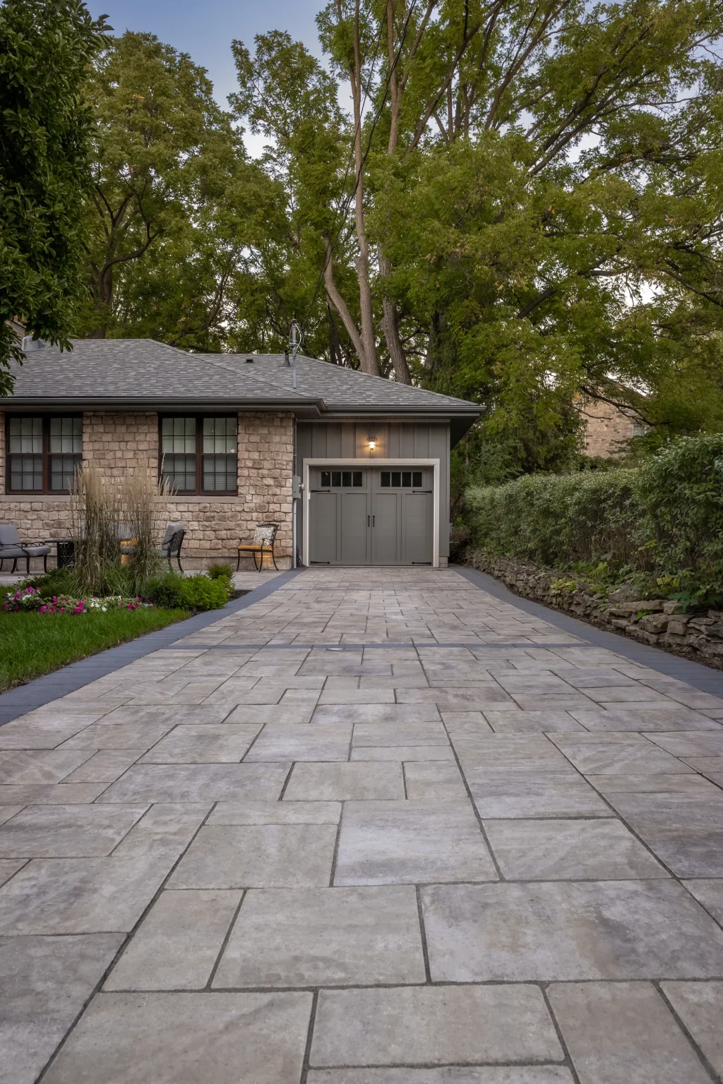Portrait view of the large-format interlock driveway leading toward the garage in Hamilton.