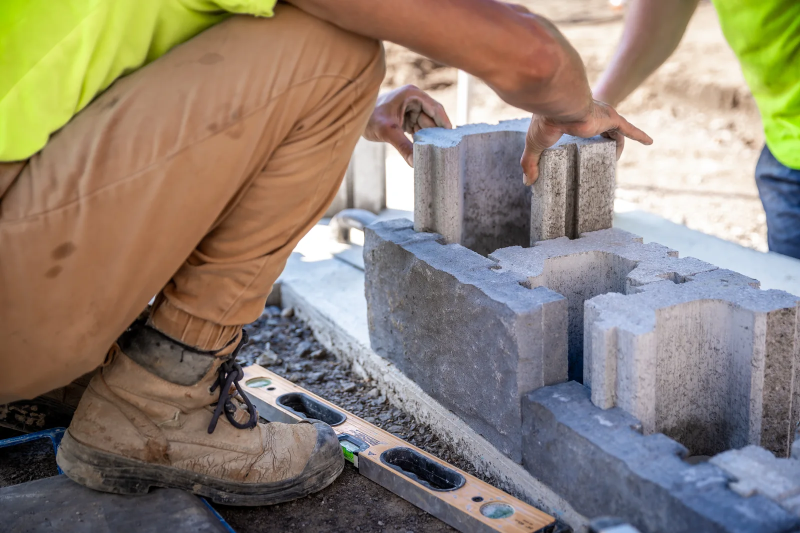 Crew member installing landscape wall blocks.