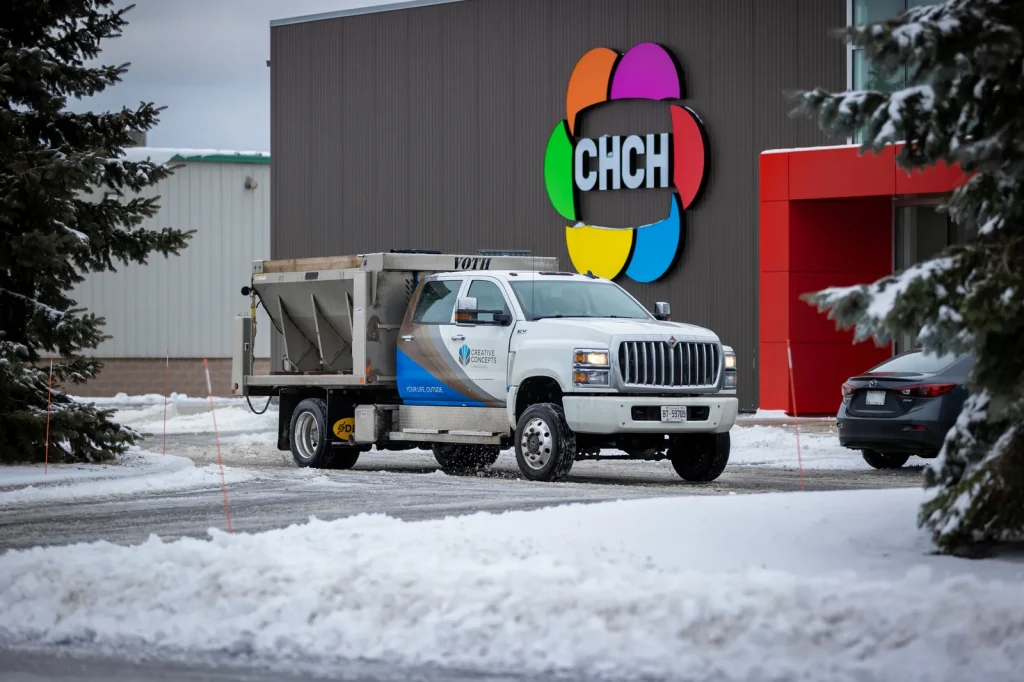 Creative Concepts truck performing commercial snow removal in Waterdown.
